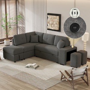 87.7" L-Shaped Convertible Sleeper Sectional Sofa with Storage Ottoman, Wireless Charger, USB Ports & Hidden Stools - 1 of 4