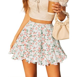 Women's Pleated Skater Skirt - High Waist Flared Mini with Ruffles for Casual Wear White Flower White Flower Small - 1 of 4