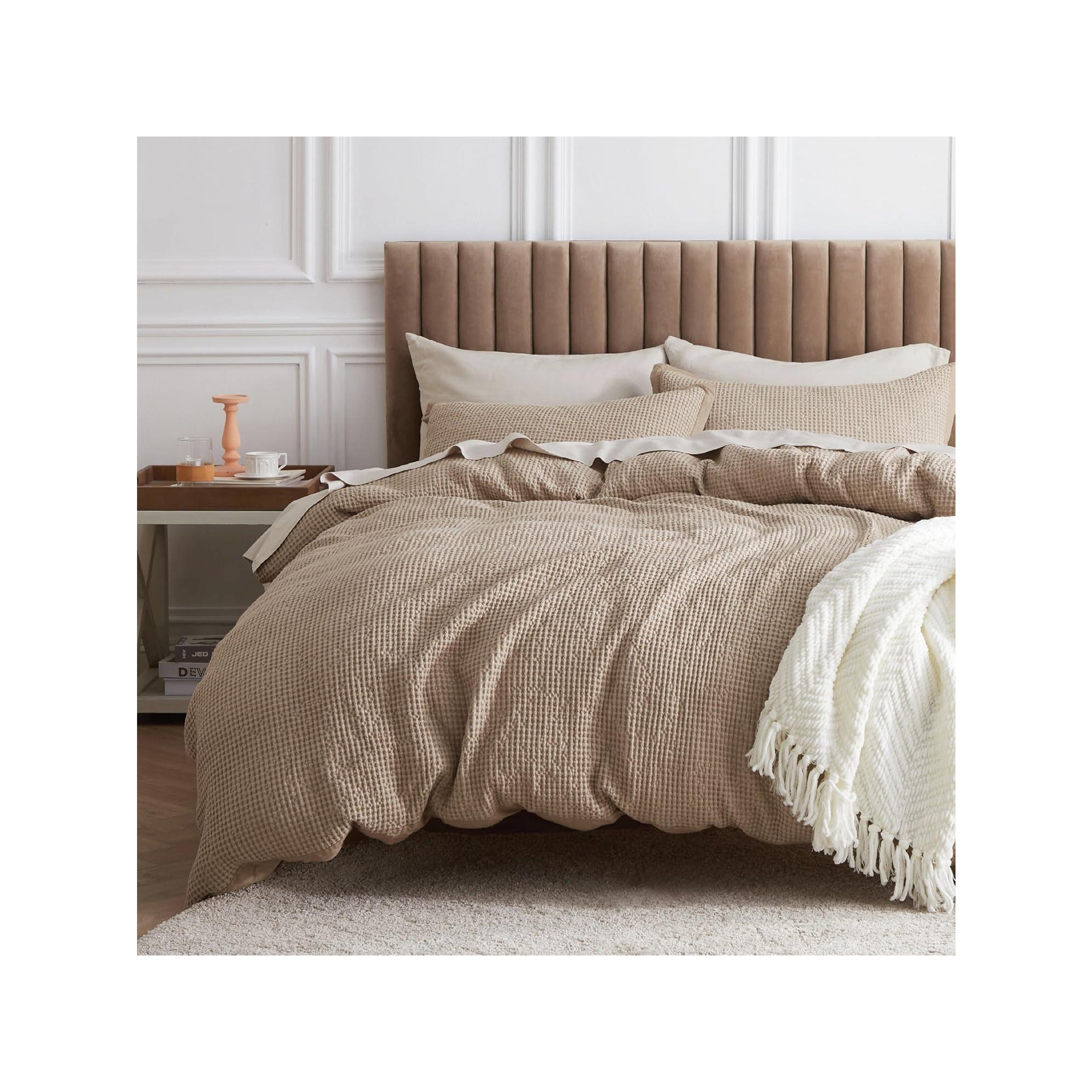 Bedsure Khaki King Size 3 Piece Cotton Duvet Cover Set 100% Cotton Waffle Weave Breathable All Season OEKO TEX Certified Mother's Day Gift