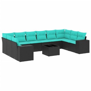 vidaXL 11 Piece Garden Sofa Set with Cushions Black Poly Rattan - Black and Blue With Table - 1 of 4