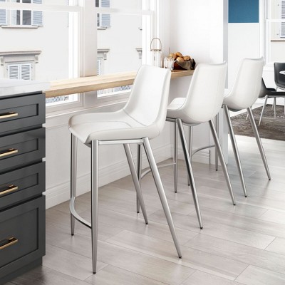 Zuo Modern Magnus Counter Stool Set of 2, 39.8" H, White Faux Leather Seat, Brushed Silver Frame, Modern Design