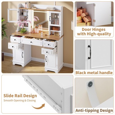 Vanity Desk with LED Lighted Mirror - 3 Color Adjustable 5 Drawers, 4 Doors & 3 Storage Shelves, Charging Station