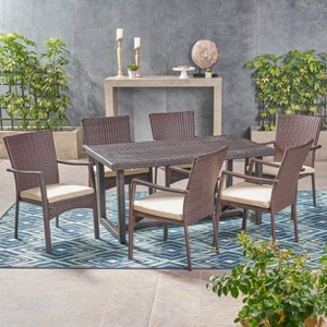 Westley 7pc Wicker Patio Dining Set - Brown - Christopher Knight Home: Galvanized Steel, Polyester Fiber Cushions - 1 of 4