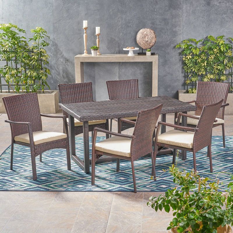 Westley 7pc Wicker Patio Dining Set - Brown - Christopher Knight Home: All-Weather, Water-Resistant Cushions, Iron Frame, 1 of 8