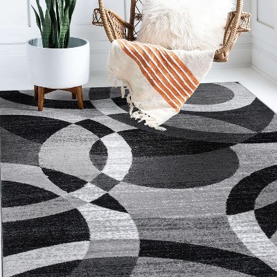 Contemporary Modern Circles 8x10 Dark Grey Polypropylene Area Rug