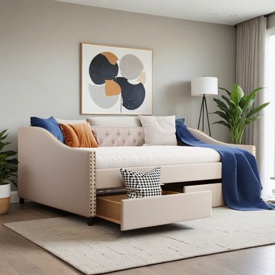 Full Size Upholstered daybed with Two Drawers, Wood Slat Support - Leovsnove