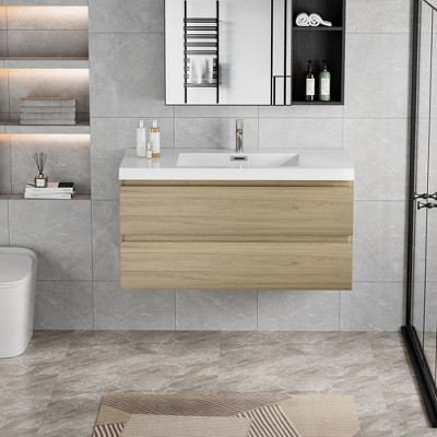 LOVMOR 42" Floating Bathroom Vanity with Sink, Modern Wall-Mounted Bathroom Storage Vanity Cabinet with Resin Top Basin and Soft Close Drawers