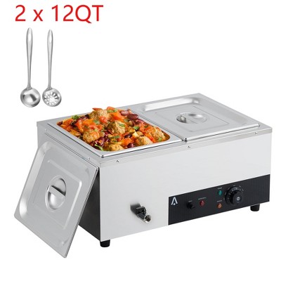 2x12QT Food Warmer 1500W Bain Marie Buffet Pan Steam Table With Adjustable Temp & Auto Shut Off & Dry Burning Indicator