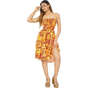 LA LEELA Women's House Daily Routine Evening Wear Boho Halter Smocked Mini Swing Dress Tube Top Strapless Dresses for Women One Size Red, Leaf - 1 of 4