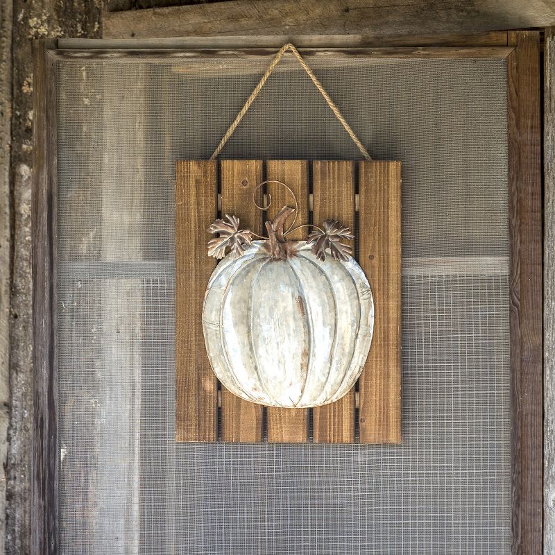 Park Hill Collection Embossed Metal Pumpkin on Wooden Door Plaque, 1 of 2