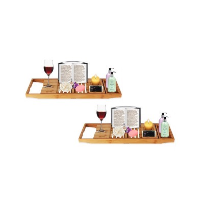SereneLife Luxury Bamboo Bathtub Shower Caddy Tray Organizer w/ Adjustable Arms, Wine Holder, Cup Area, Soap Dish, Book Space, & Phone Slot (2 Pack)