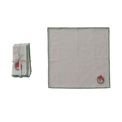 Storied Home 4-Piece Square Printed Napkins with Embroidered Wreath, Appliqued Bow and Blanket Stitch Edge, Multicolor