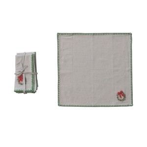 Storied Home 4-Piece Square Printed Napkins with Embroidered Wreath, Appliqued Bow and Blanket Stitch Edge, Multicolor - 1 of 2