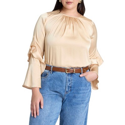 ELOQUII Women's Plus Size Sleeve Flounce Crewneck Blouse