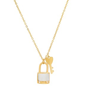 Steeltime Ladies stainless steel mother of pearl and simulated diamonds tiny lock (Lucky) and key necklace. Color Options: Silver, Gold, Rose Gold - 1 of 4