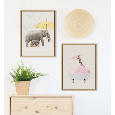 Natural Framed Canvas Print of Giraffe in Bath, 18" x 24"