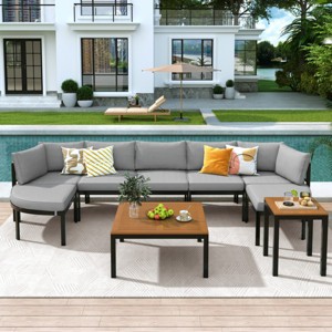 U-Shaped Outdoor Sectional Sofa Set, Patio Conversation Set with Cushions, Coffee Table and Side Table for Backyard, Garden – Cuddlewood - 1 of 4