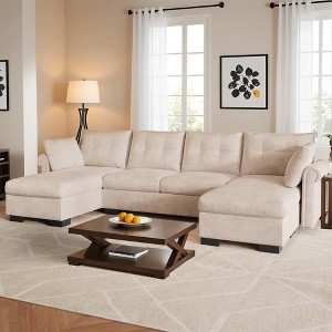 XIZZI 4-Piece Chenille Sofa Set with Large Chaise & Ottoman - Modern Sectional Sofa in White/Beige/Gray/Black, with Round/Square/Sloped Armrest - 1 of 4