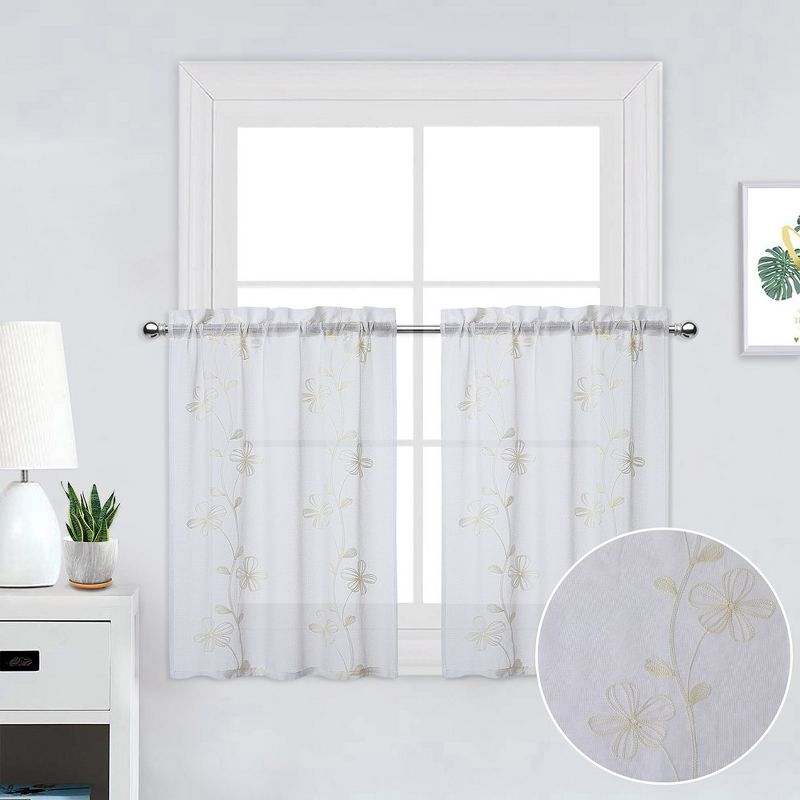 Whizmax Sheer Floral Embroidered Small Curtains Rod Pocket Kitchen Window Treatment, 1 of 6