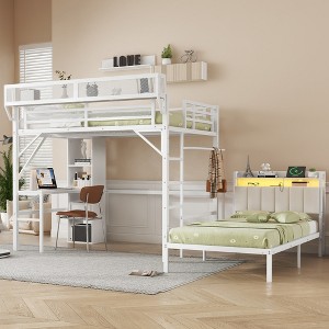 KWPZQEB Full Size Loft Bed with Stairs, Heavy Duty Metal Loft Bed Frame with Desk & Bookshelves, LED & Charge Station, No Box Spring Needed - 1 of 4
