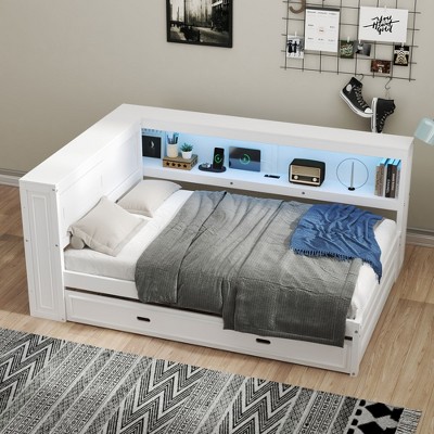 NicBex Wood Full Size Daybed with Storage Shelves,USB Ports,LED and Trundle for Bedroom,Living Room,Apartment