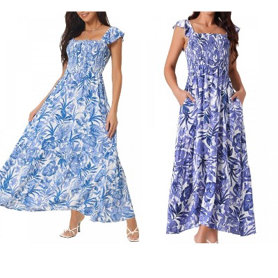 INSPIRE CHIC Women's Summer Boho Smocked Square Neck Cap Sleeve Ruffle Floral Flowy Tiered Maxi Sundress 2 Packs