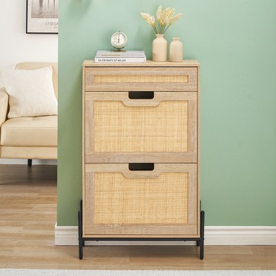 Rattan Shoe Storage Cabinet with 2 Flip Door and 1 Drawer, Freestanding Shoe Organizer Rack,Hidden Shoe Cabinet with 3-Tier Adjustable Shelves