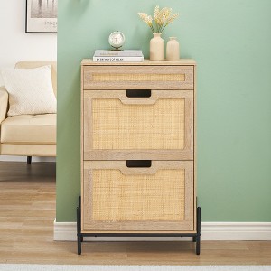 Rattan Shoe Storage Cabinet with 2 Flip Door and 1 Drawer, Freestanding Shoe Organizer Rack,Hidden Shoe Cabinet with 3-Tier Adjustable Shelves - 1 of 4