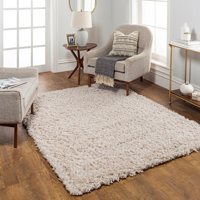 Beige Round Hand-Knotted Shag Fur Rug