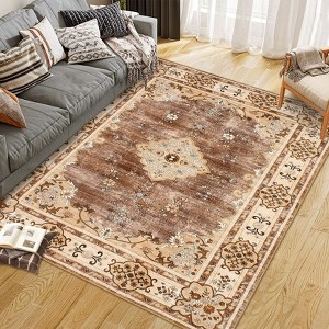 Coucheta Washable Bohemian Area Rug, Distressed Oriental Floral Pattern, Non-Slip Low Pile Carpet for Living & Dining Room, Bedroom, Nursery & Office - 1 of 4