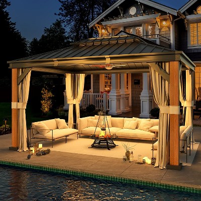 Wood Grain Aluminum Frame Gazebo with Galvanized Steel Roof and Curtains