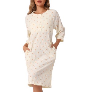 INSPIRE CHIC Women's Front Button 3/4 Sleeve Crew Neck Sleepdress with Pockets - 1 of 4