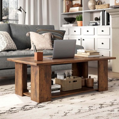 Brown Engineered Wood 2-Tier Coffee Table with Storage Shelf