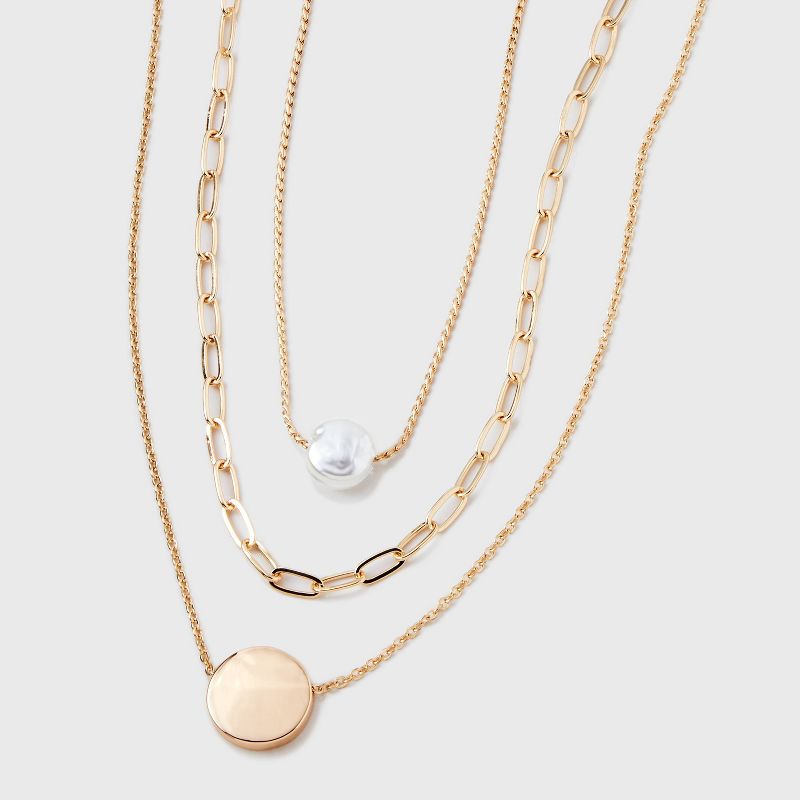 Gold 3 Row With Pearl &#38; Coin Necklace - A New Day&#8482; Gold, 1 of 8