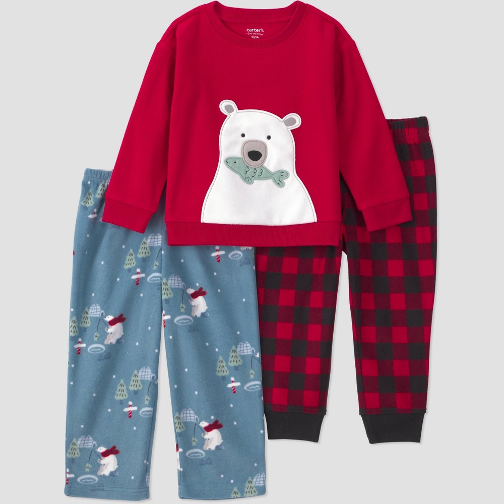 Carter's Just One You® Toddler Boys' 3pc Poly Long Sleeve Top & Pants Polar Bear Pajama Set - Red/Gray 2T