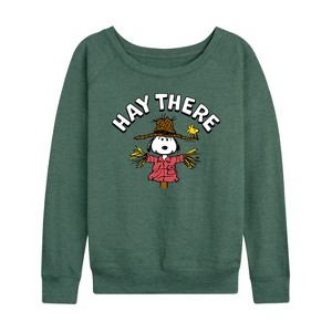 Women's - Peanuts - Snoopy Scarecrow Hay There Lightweight French Terry Wide Neck Long Sleeve Shirt - 1 of 4