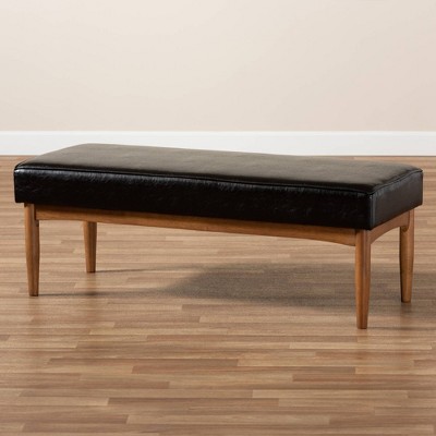 Arvid Mid-Century Modern Dark Brown Faux Leather Upholstered Dining Bench