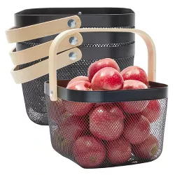 Juvale 4 Pack Square Mesh Fruit Basket with Wooden Handle for Pantry Kitchen Food Storage Organization, Black, 9.4 x 6.9 in