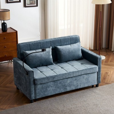 57 Inch Loveseat Pull Out Beds,Sleeper Sofa with a Reversible Backrest Cushion, Side Pockets,Two USB Ports and a Phone Holder-Maison Boucle