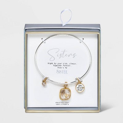 14K Gold Dipped Cubic Zirconia 'You Are So Loved' Heart and Bezel Bangle Bracelet - Gold/Silver