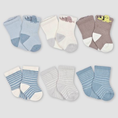 Image of Gerber Baby Boys' 6pk Jersey Wiggle Proof Dino Socks - White/Light Blue/Brown