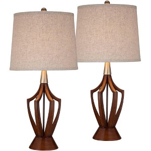 360 Lighting St. Claire 30 3/4" Tall Open Base Large Mid Century Modern End Table Lamps Set of 2 Wood Finish Living Room Bedroom Bedside Nightstand - 1 of 4