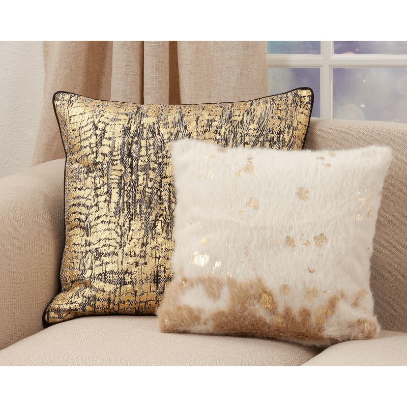 Saro Lifestyle Foil Print Faux Cow Hide Pillow - Poly Filled, 18" Square, Ivory, 3 of 4