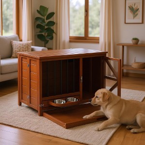 Grungis 43" Dog Crate for Small and Medium Dogs,Wooden Dog House with 360° Rotating Feeder,Dog Kennel with Removable Tray for Indoor - 1 of 4