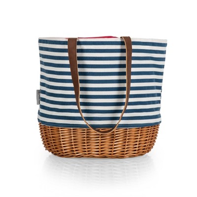 Navy Blue and White Canvas and Willow Picnic Basket Tote