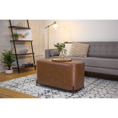 Distressed Brown Faux Leather Upholstered Bench with Black Metal Base