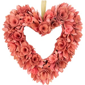 Northlight Wooden Floral Heart Valentine's Day Wreath - 14" - Salmon Pink - 1 of 4
