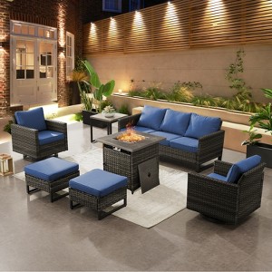 Buenhomino 7 Piece Wicker Outdoor Furniture Set with Comfy Cushions, High Back Patio Furniture Set with Swivel Rocking Chairs and Fire Pit Table - 1 of 4