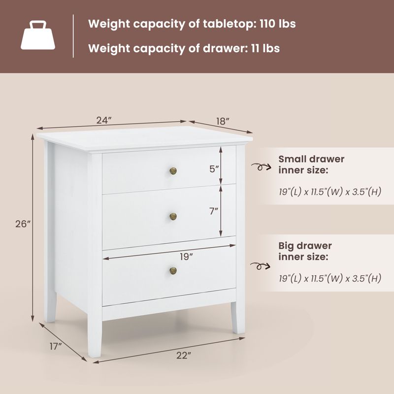 Costway Nightstand Beside End Side Table Accent Table Organizer W/3 Drawers White, 3 of 11