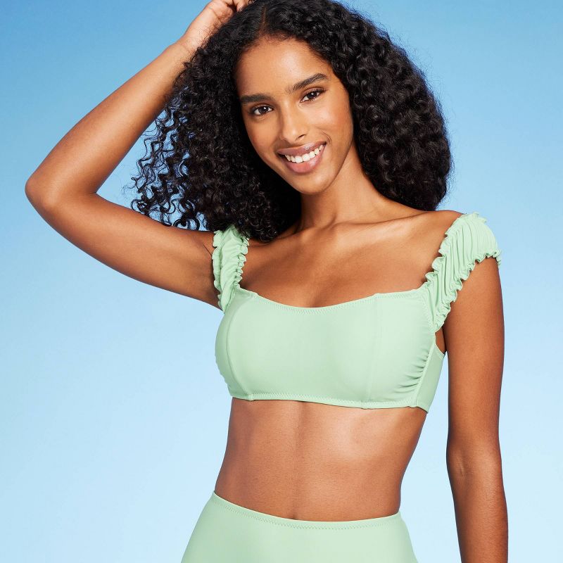 Women's Shirred Off the Shoulder Bralette Lace-Up Bikini Top - Shade & Shore™ Light Green, 3 of 10